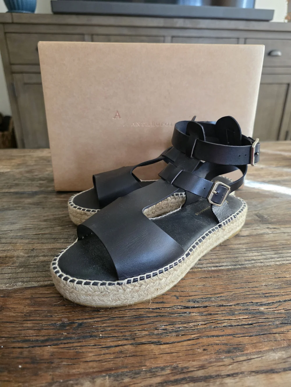 Anthropologie Black Leather Espadrille Sandals with Buckle Straps